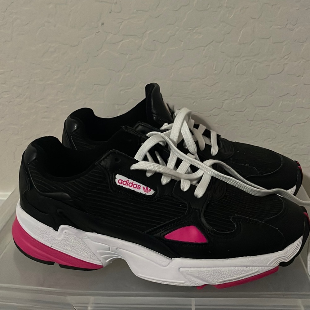 Adidas black white and pink sneaker. Gently used. Size 8.5